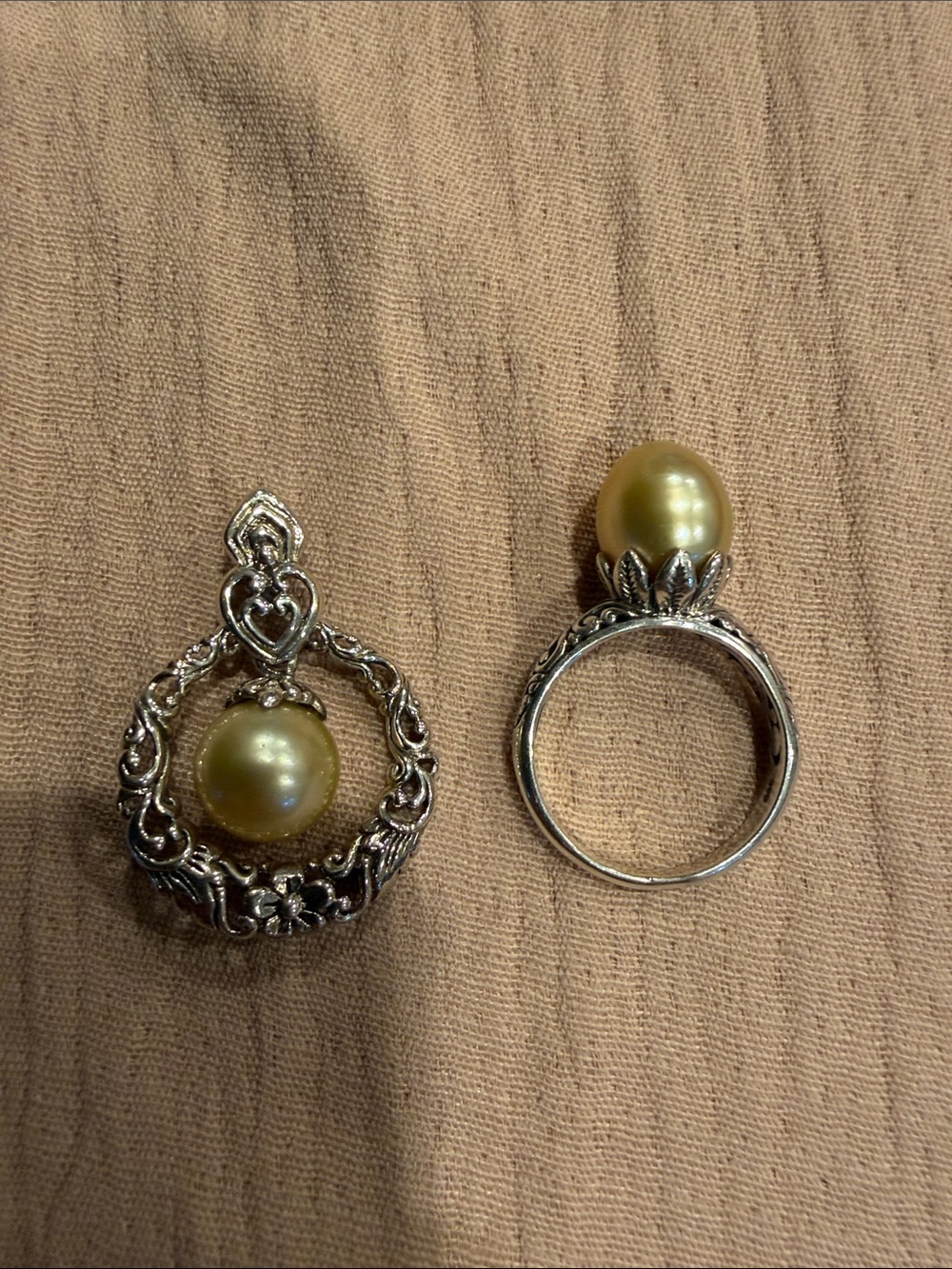 Sterling Silver Gold Pearl Ring and Pendant Set